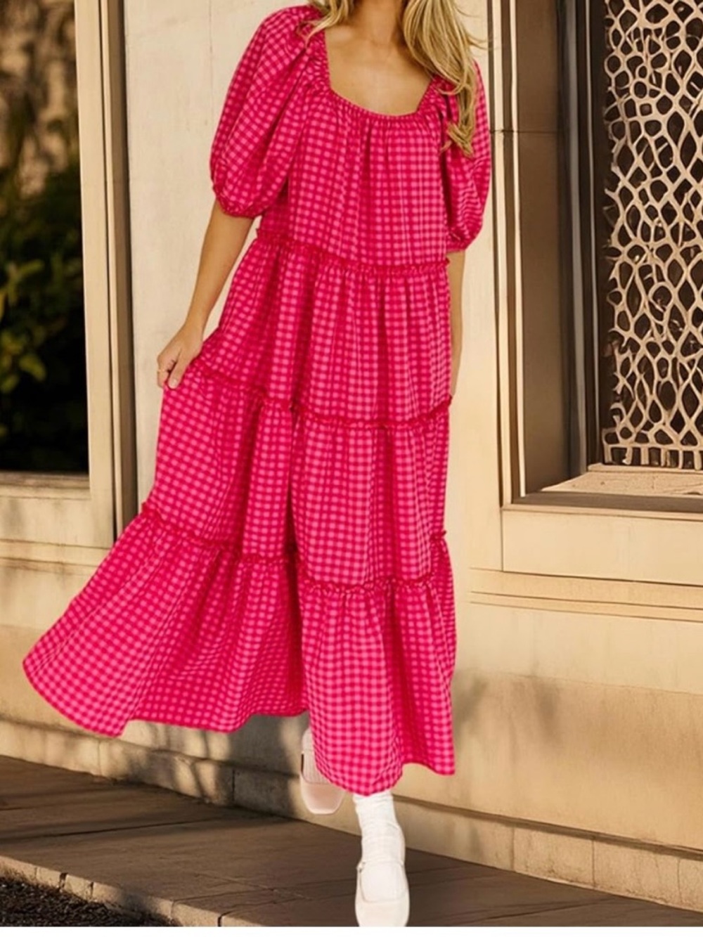 Girls' Pink Tiered Gingham Maxi Dress
